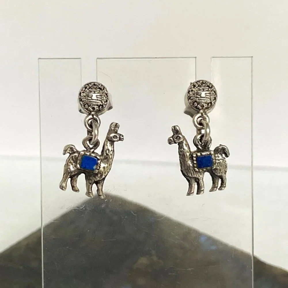 Sterling Silver 925 Southwest Style Llama Alpaca Lapis Dangle Drop Earrings